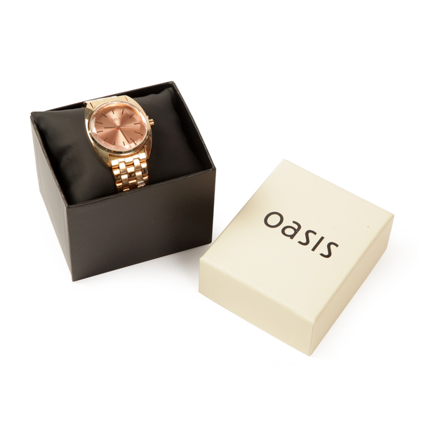 OASIS Rose Gold Dial Bracelet Watch in Rose Gold Tone and Strap with Faceted Lense