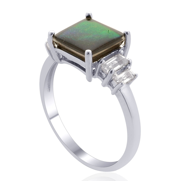 Tucson Collection Canadian Ammolite (Sqr 2.00 Ct), White Topaz Ring in Platinum Overlay Sterling Silver 2.400 Ct.