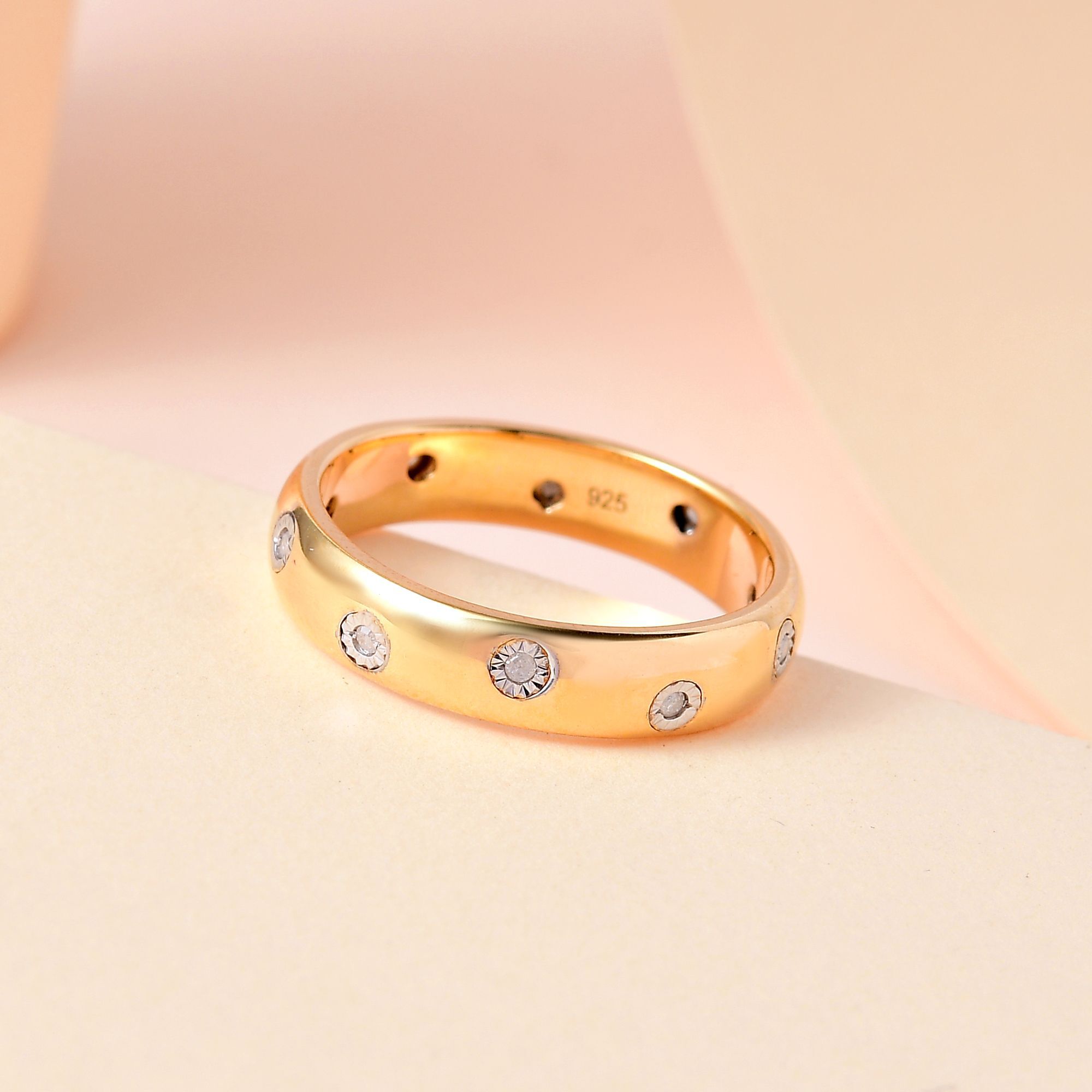 Designer Inspired Flush Set Diamond Band Ring in 18K Yellow Gold Vermeil Plated  Sterling Silver 0.10 Ct. Silver Wt : 3.25 Gms.