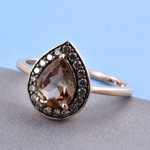 9K R Gold Brazilian Andalusite (Pear 0.85 Ct), Natural Champagne Diamond Ring 1.000 Ct.
