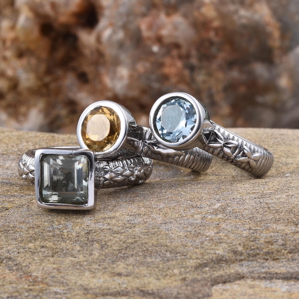 Set of 3 - Green Amethyst (Sqr), Sky Blue Topaz and Citrine Solitaire Ring in ION Plated Stainless Steel 4.250 Ct.