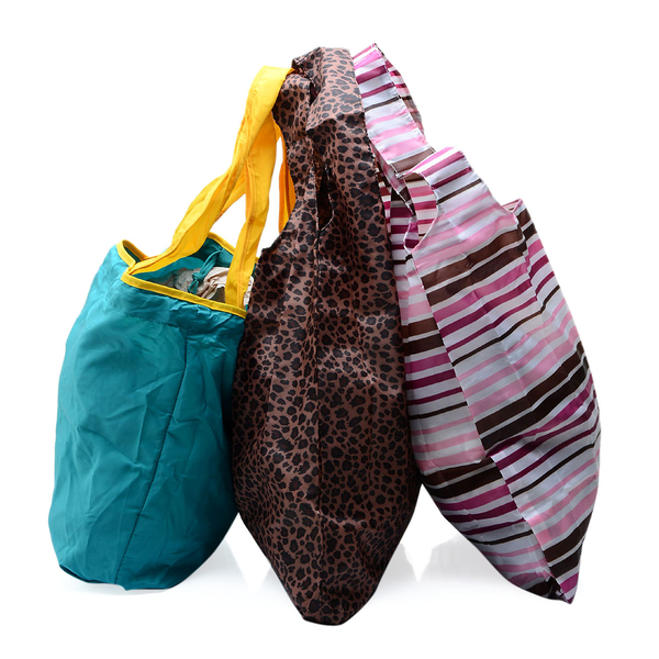 Set of 3 - Leopard Pattern, Pink, Brown and Purple Stripy Pattern and Turquoise Colour Hand Bag (Size 40x37, 40x37, 42x33 Cm)
