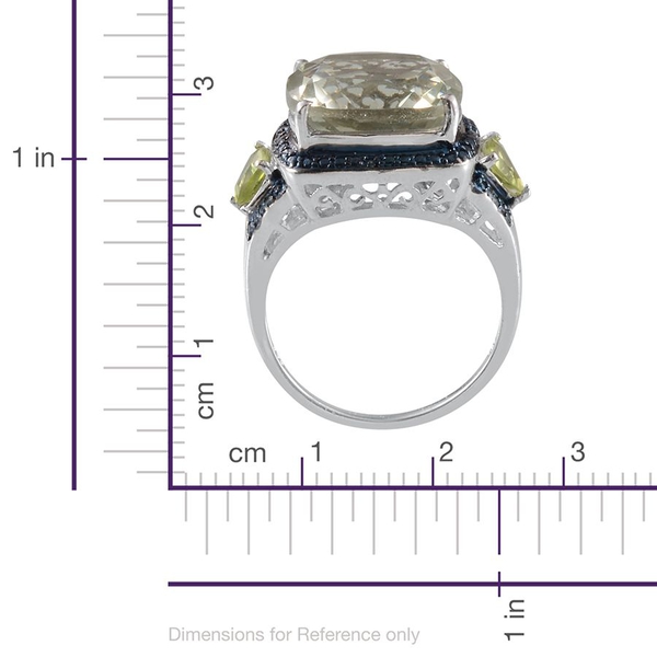 Green Amethyst (Cush 9.00 Ct), Hebei Peridot and Blue Diamond Ring in Platinum Overlay Sterling Silver 9.770 Ct.