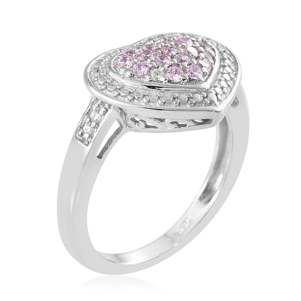 J Francis - Platinum Overlay Sterling Silver (Rnd) Heart Ring Made with Pink and White  ZIRCONIA