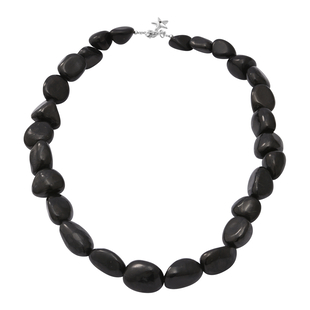 GP 350.03 Ct Shungite and Blue Sapphire Star Charm Beaded Necklace in Rhodium Plated Silver 18 Inch
