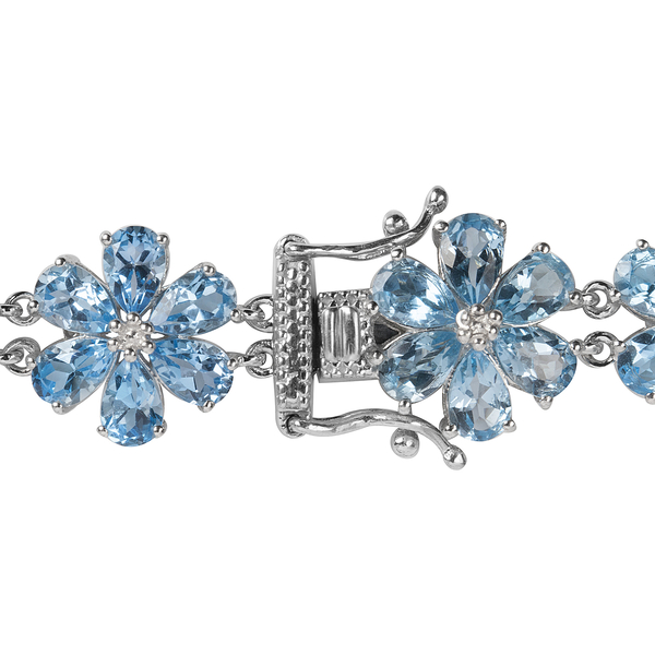 Swiss Blue Topaz (Pear) Flower Bracelet (Size 7.5) in Platinum Overlay Sterling Silver 30.600 Ct. Silver wt 15.00 Gms.