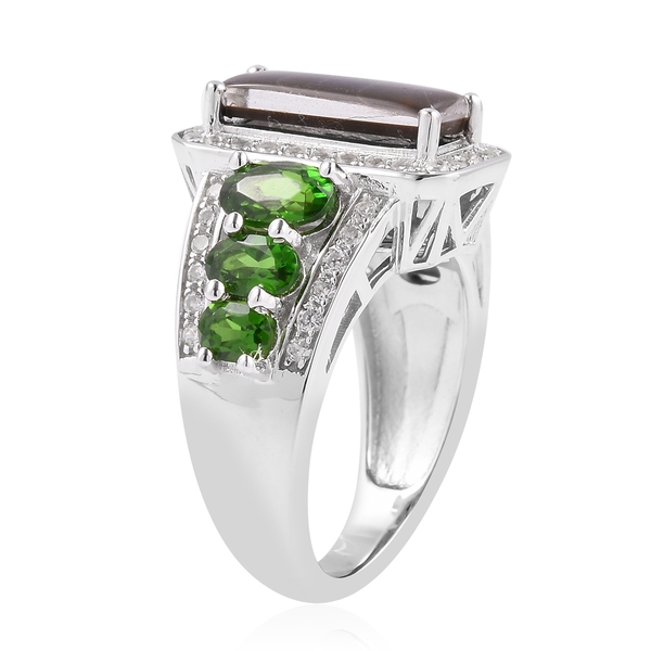 AA Canadian Ammolite (Bgt 12x5 mm), Chrome Diopside and Natural White Cambodian Zircon Ring in Rhodium Overlay Sterling Silver.