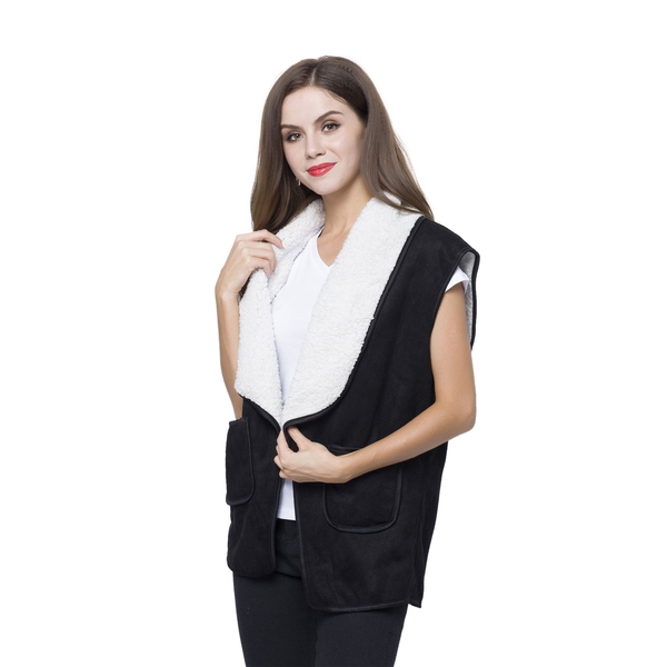 New Season - Black Colour Drape Collar Sherpa Style Gilet (Size 80X50 Cm) with Pockets (Size 14X12 Cm)