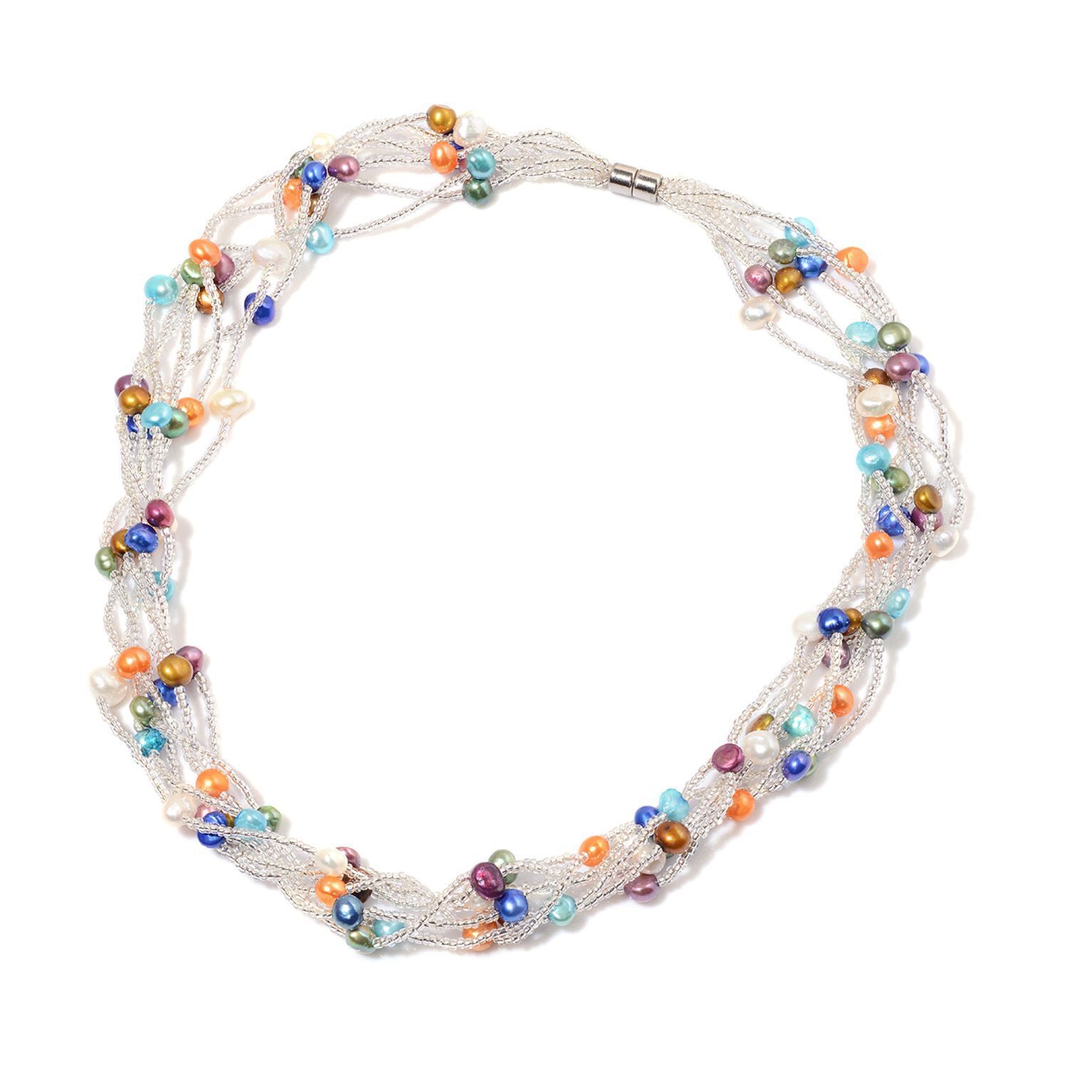 Fresh Water Multi Colour Pearl and White Glass Necklace (Size 18) and Bracelet (Size 7.50) in Silver Tone 37.000 Ct.