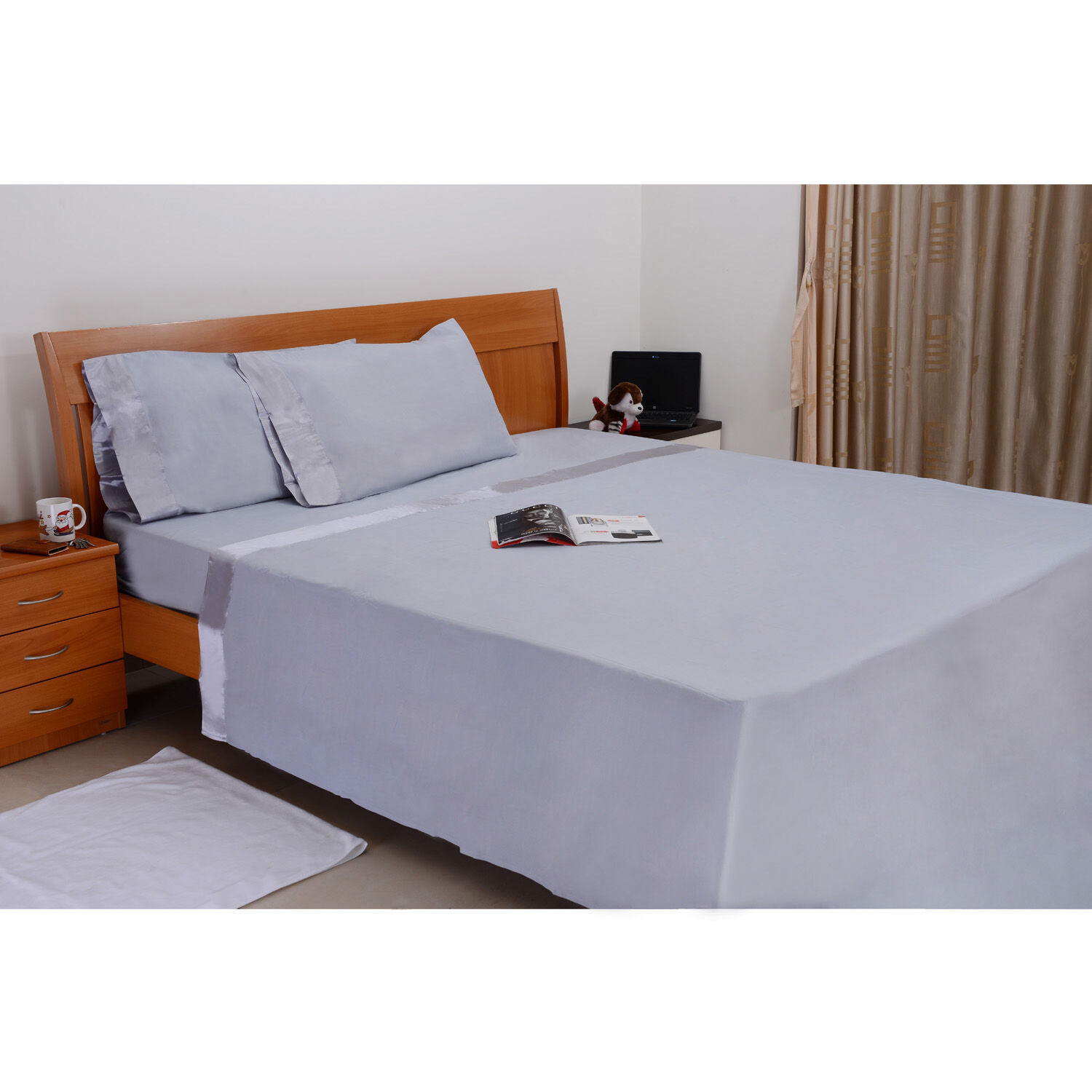 Grey Colour One Fitted Single Bed Sheet (Size 75x36 Inch), One Flat Sheet (Size 102x70 Inch) and Two