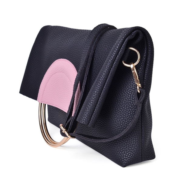 Set of 2 - Black and Pink Colour Handbag (Size 36X31X5 Cm) with Metallic Handles and Pouch (Size 19X18X4 Cm)