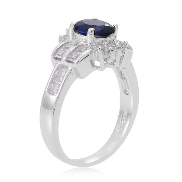 ELANZA AAA Simulated Blue Sapphire (Ovl), Simulated White Diamond Ring in Rhodium Plated Sterling Silver