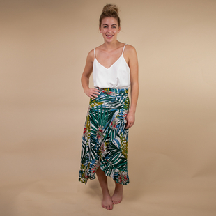TAMSY 100% Rayon Floral Printed Wrap Skirt One Size, (Fits 8-16) - White, Green & Multi