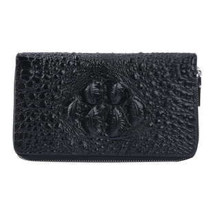 100% Genuine Leather Croc Embossed Wallet with Double Zipper Closure (Size 20X12X5 Cm) - Black