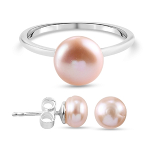 OTO - 2 Piece Set -  Pink Fresh Water Pearl Solitaire Stud Push Post Earring and Solitaire Ring  Ste