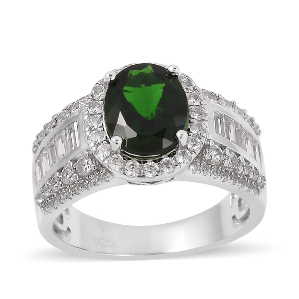 Diopside and Natural Cambodian Zircon Ring in Rhodium Plated Sterling Silver 4.605 Ct