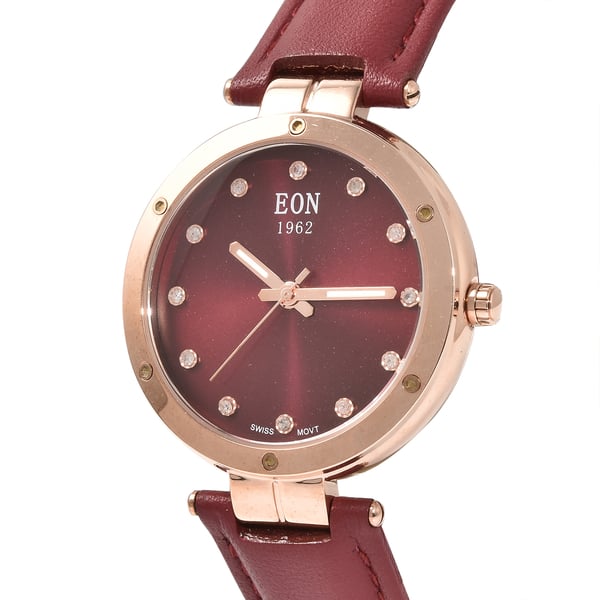 EON 1962 Swiss Movement Wine Red Dial 12 Diamonds Studded 5ATM Water Resistant Watch with Wine Red Genuine Leather Strap