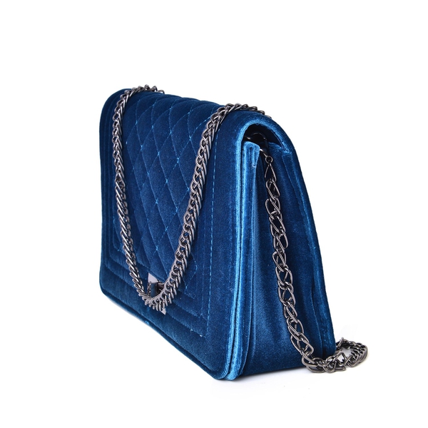 Designer Inspired - Peacock Blue Colour Diamond Pattern Velvet Crossbody Bag with Chain Strap (Size 23.5X15X7 Cm)