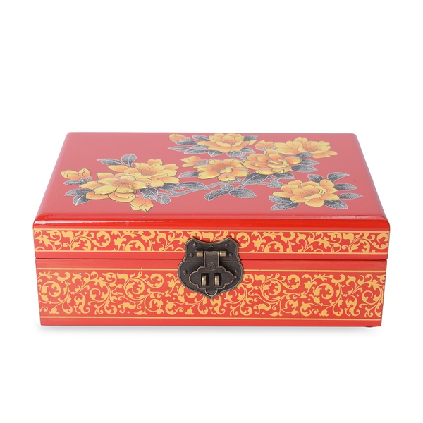 2 - Layer Begonia Pattern Jewellery Box with Inside Mirror and Removable Tray (Size 21x14x7.5 Cm) - Red