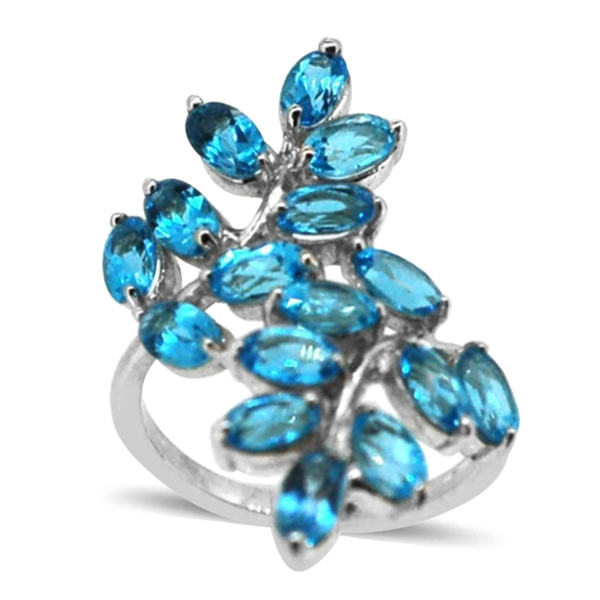 Swiss Blue Topaz (Ovl) Leaves Crossover Ring in Rhodium Plated Sterling Silver 4.500 Ct.