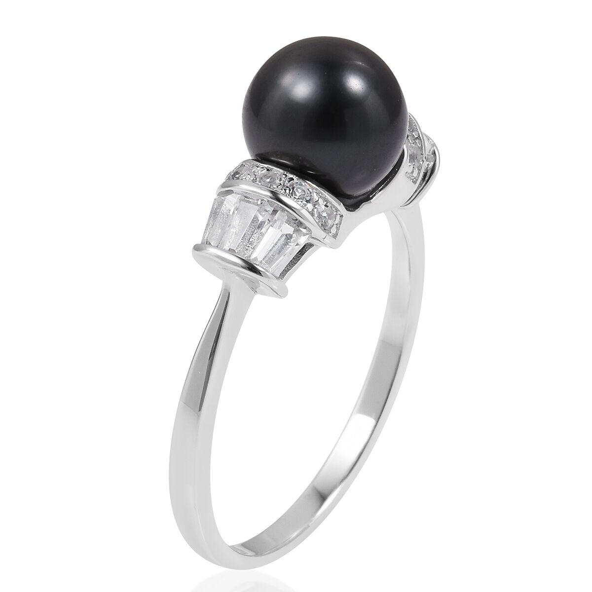 One Time Deal-Tahitian Pearl (Rnd 8-9 mm), White Topaz Ring in Rhodium Overlay Sterling Silver