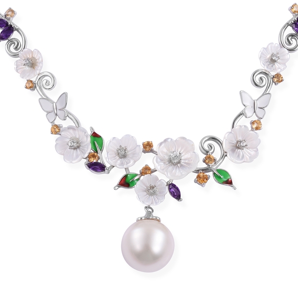 Jardin Collection- South Sea White Pearl (Rnd 13-14mm),Hand Carved White Mother of Pearl, and Multi Gemstone Necklace (Size 17 with 3 inch Extender) in Rhodium Plated Sterling Silver 35.700 Ct.