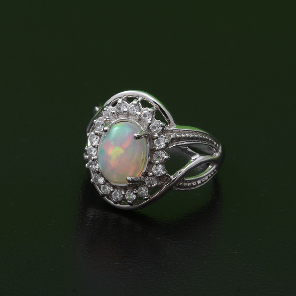 Ethiopian Welo Opal and Natural Cambodian Zircon Ring in Rhodium Overlay Sterling Silver 1.89 Ct.
