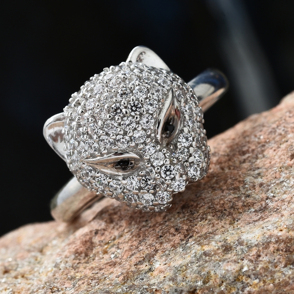 J Francis - Designer Inspired- Platinum Overlay Sterling Silver (Rnd) Leopard Ring Made with Finest CZ and Boi Ploi Black Spinel. Silver wt 6.11 Gms.