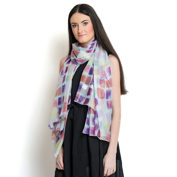 100% Mulberry Silk Purple and Multi Colour Abstract Pattern White Colour Scarf (Size 180x100 Cm)