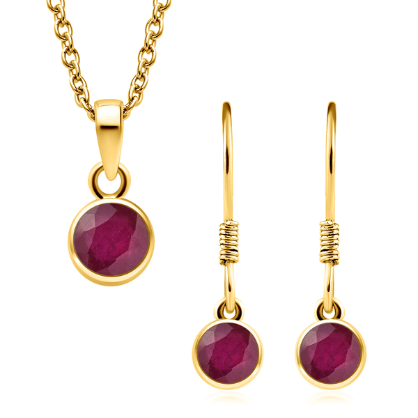 2 Piece Set - African Ruby (FF) Pendant & Hook Earrings in 14K Gold Overlay Sterling Silver With Sta