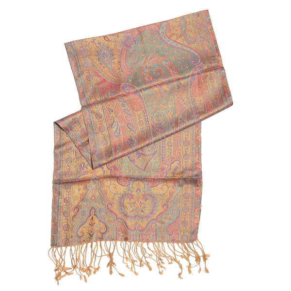 SILK MARK - 100% Superfine Silk Red, Blue and Multi Colour Paisley and Floral Pattern Jacquard Jamawar Scarf with Tassels (Size 160X35 Cm)