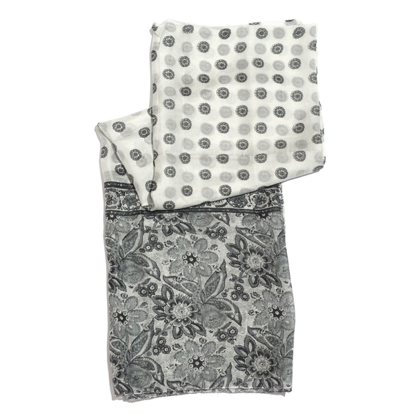 100% Mulberry Silk Floral Pattern Grey and White Colour Scarf (Size 175X110 Cm)