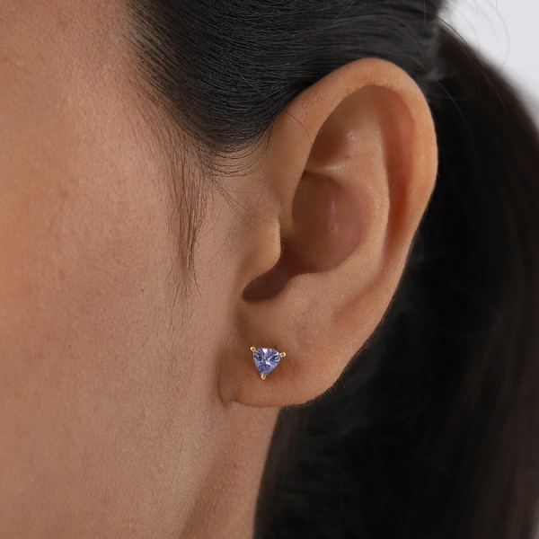 Tanzanite Trillion Solitaire Stud Silver Earrings (with Push Back) in 14K Gold Overlay Sterling Silver 0.750 Ct.