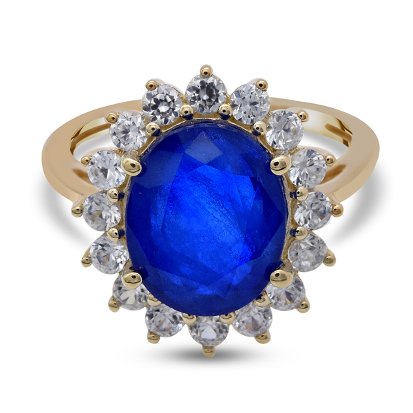 9K Yellow Gold Tanzanian Blue Spinel and Natural Cambodian Zircon Halo Ring 4.74 Ct.