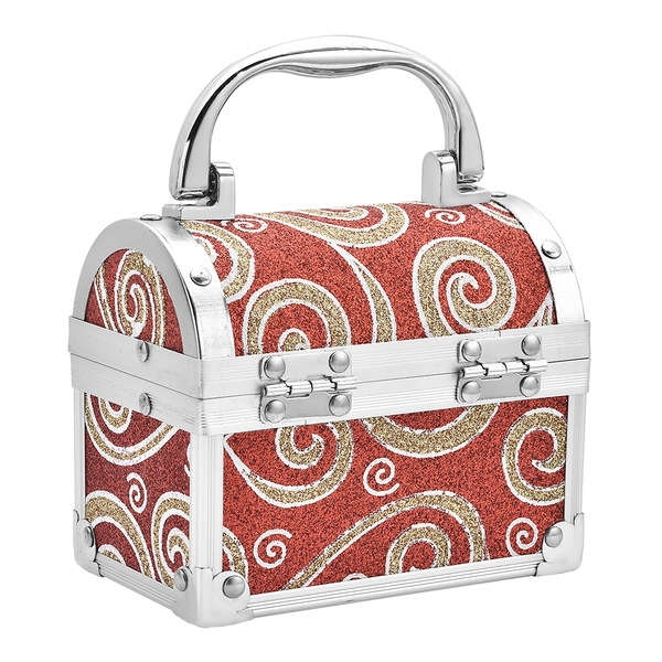 2 Layer Floral Pattern Aluminium Jewellery Organizer with Handle, Lock and Inside Mirror (Size 12x10x7.5 Cm) - Red