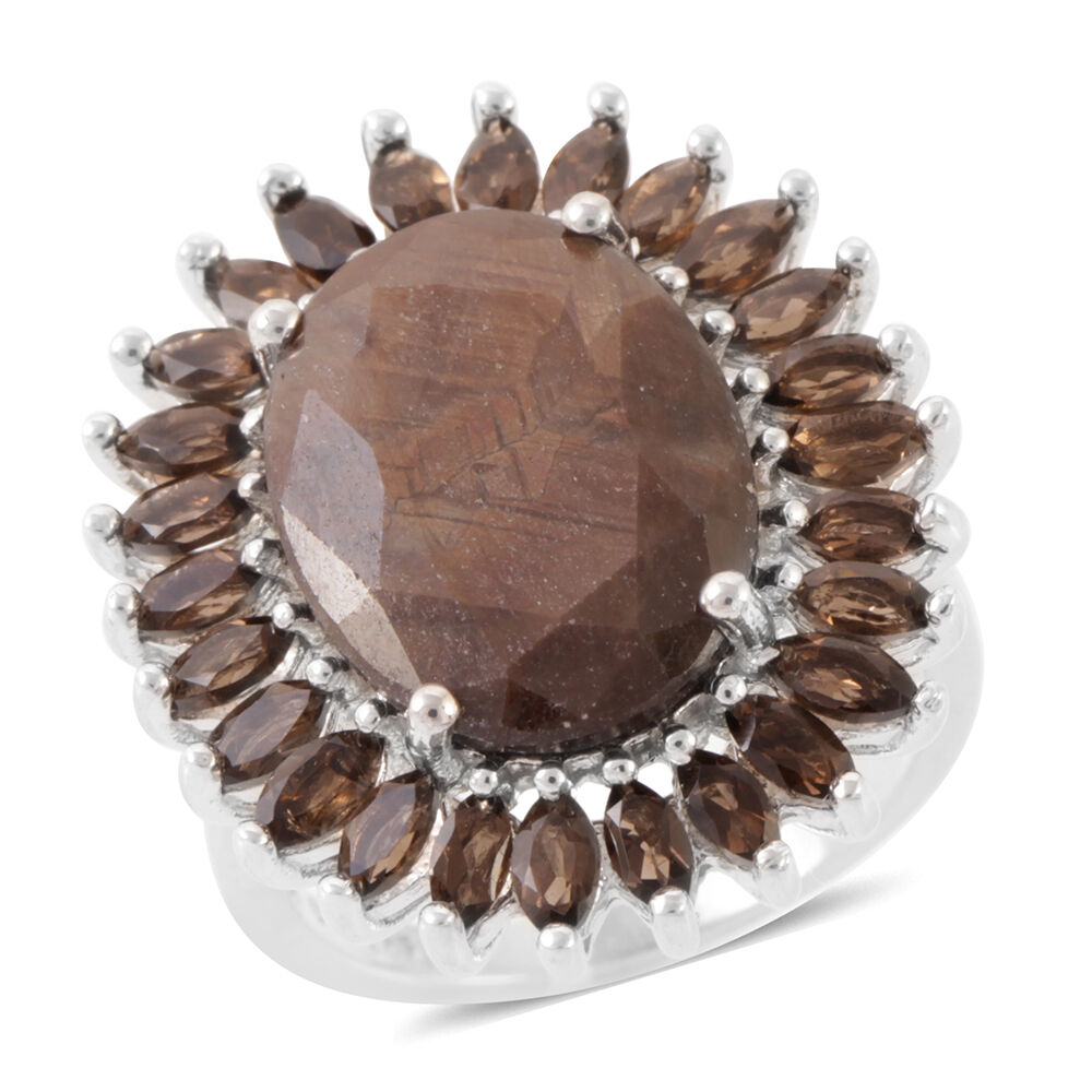 Chocolate Sapphire (Ovl 10.80 Ct), Brazilian Smoky Quartz Ring in Rhodium Plated Sterling Silver 13.000 Ct.