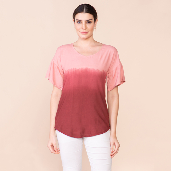 TAMSY 100% Viscose Ombre Pattern Short Sleeve Top (Size XXL, 24-26) - Red