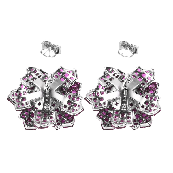 Lustro Stella - Simulated Ruby and Simulated Diamond Floral Stud Earrings (with Push Back) in Rhodium Overlay Sterling Silver, Silver wt. 6.00 gms
