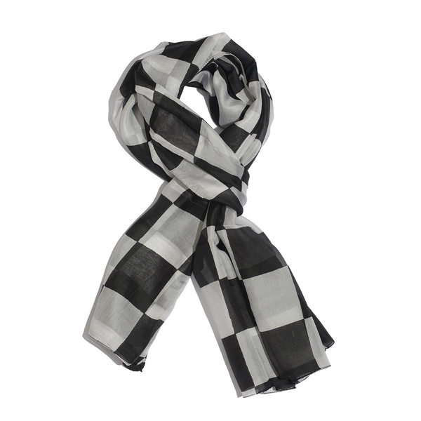 100% Mulberry Silk Black and White Colour Handscreen Geometric Printed White Colour Scarf (Size 180x