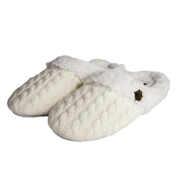 ARAN Knitted Design Slip-on Slippers with Fur Lining (Size:Large 8-9) - White