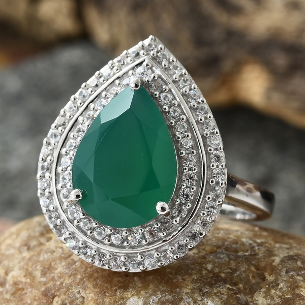 Verde Onyx (Pear 14x10 MM 4.40 Ct), Natural Cambodian Zircon Ring in Platinum Overlay Sterling Silver 5.000 Ct.