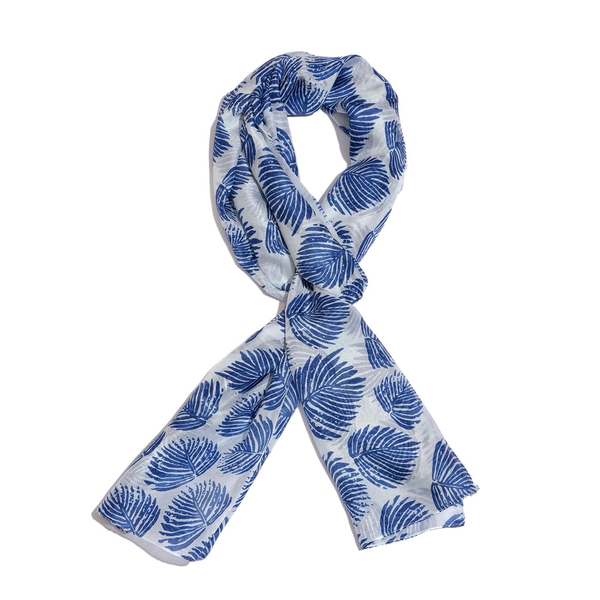 100% Mulberry Silk White and Blue Colour Leaves Pattern Scarf (Size 180x50 Cm)