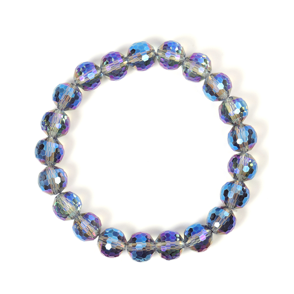 2 Piece Set - Simulated Blue AB Crystal Necklace (Size 36) with Magnetic Lock and Stretchable Bracelet (Size 7) in Stainless Steel