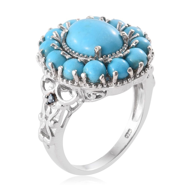 Arizona Sleeping Beauty Turquoise (Ovl 2.75 Ct), Blue Diamond Floral Ring in Platinum Overlay Sterling Silver 5.750 Ct. Silver wt 6.67 Gms.
