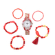 6 Piece Set - STRADA Japanese Movement White Dial Water Resistant Watch with Floral Pattern Strap an