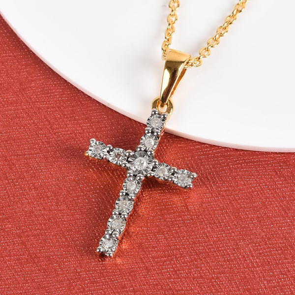 Diamond (Rnd) Cross Pendant with Chain (Size 20) in 14K Gold and Platinum Overlay Sterling Silver 0.