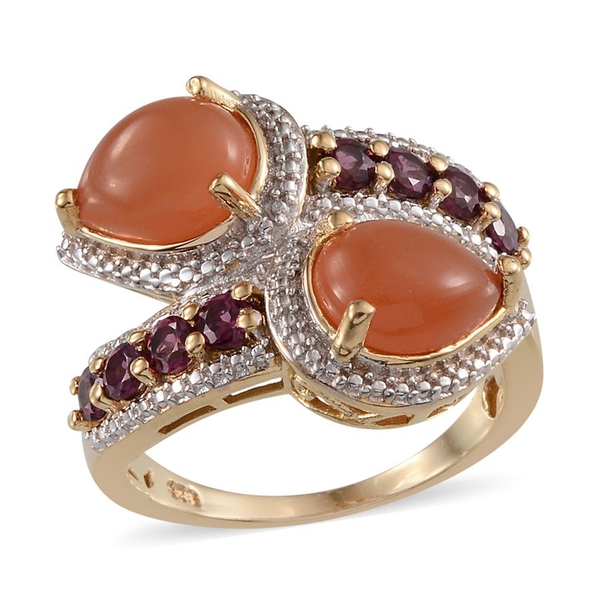 Mitiyagoda Peach Moonstone (Pear), Rhodolite Garnet Crossover Ring in 14K Gold Overlay Sterling Silv