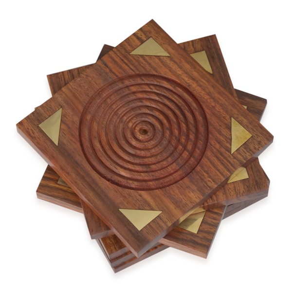 Brass Inlay Indian Rosewood Carved Square Shape 6 Pcs Coaster with Holder