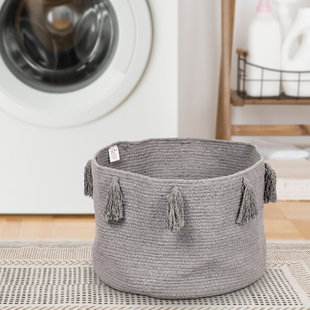 100% Cotton Braided Multipurpose Grey Basket With Tassels (45x45x30cm)