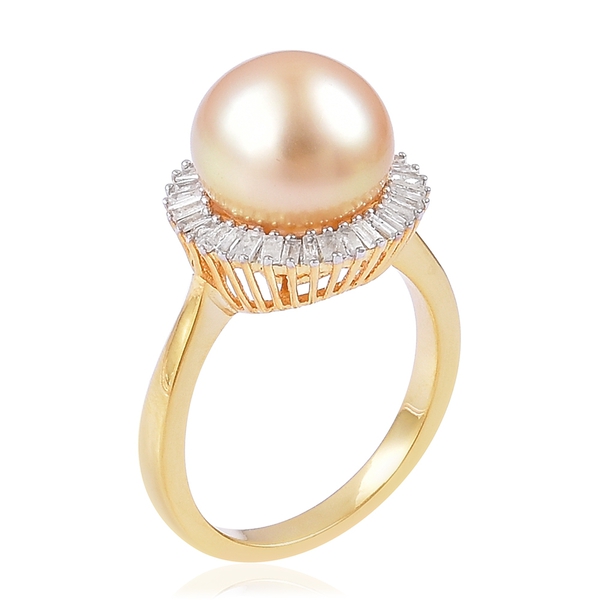South Sea Golden Pearl (Rnd 10-10.5 mm), Diamond Ring in Yellow Gold Overlay Sterling Silver